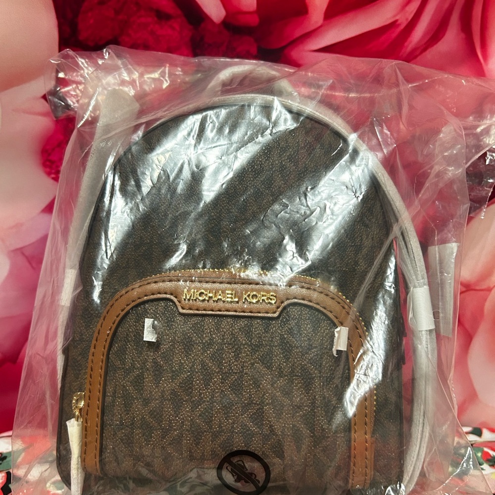 Michael Kors Brown and White Monogram Mini Backpack with Tan Trim - Picture 4 of 7